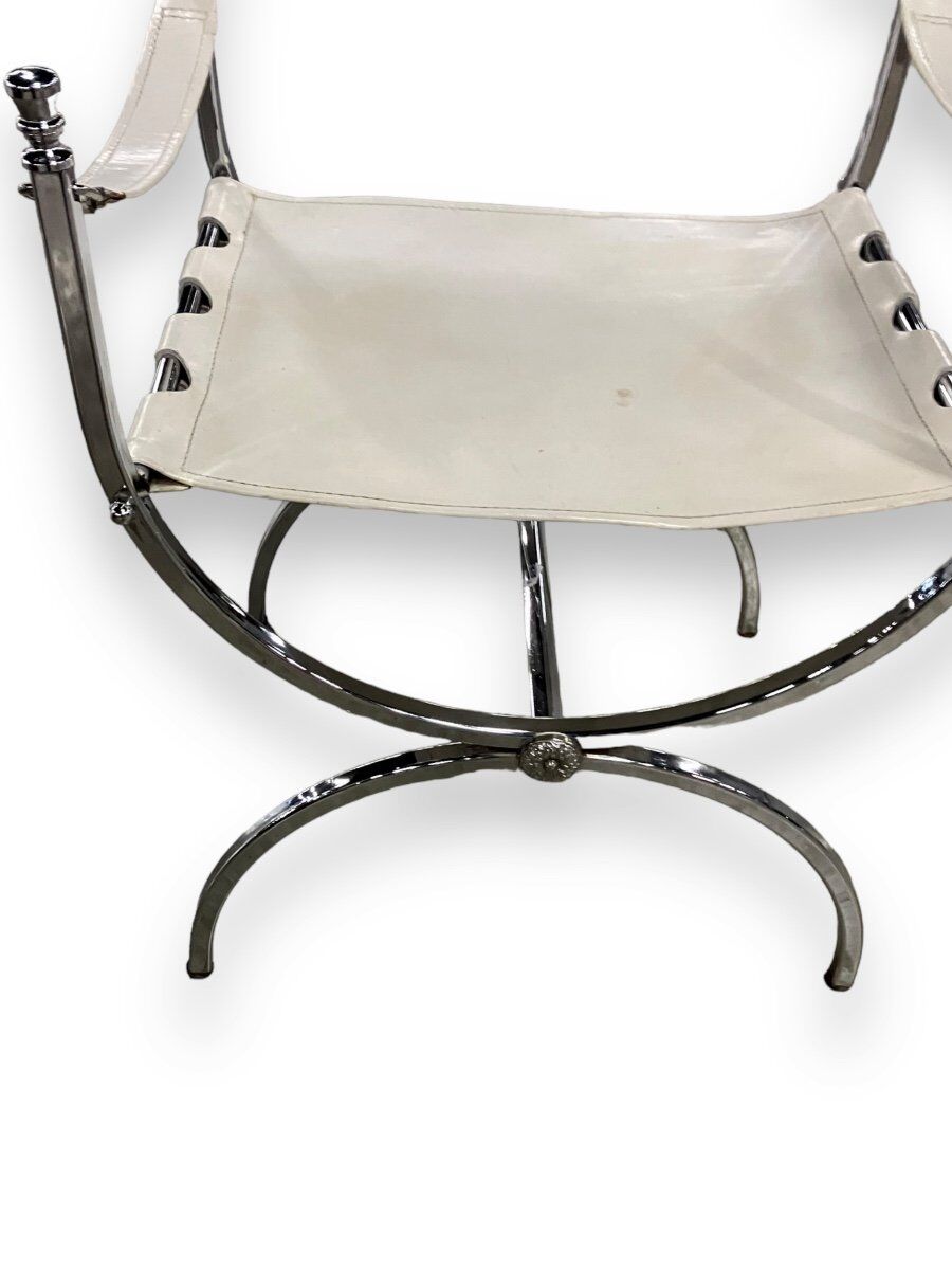 Maison Jansen Set of 4 armchairs Emperor Savonarola White leather and chromed metal
