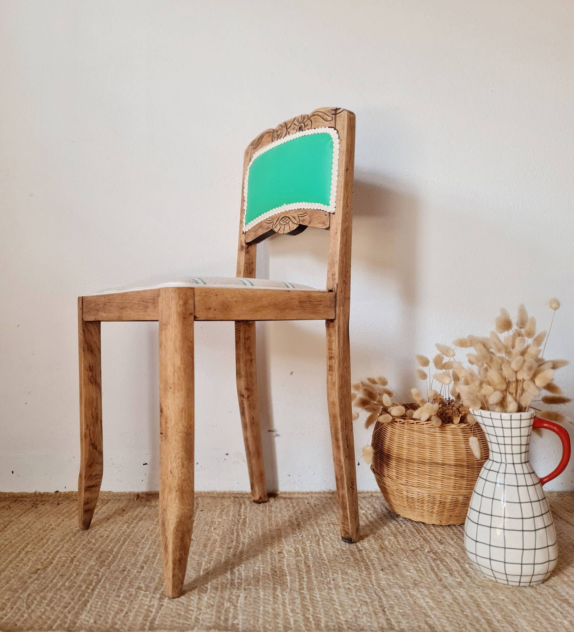 Renovated antique chair – carved wood and green backrest