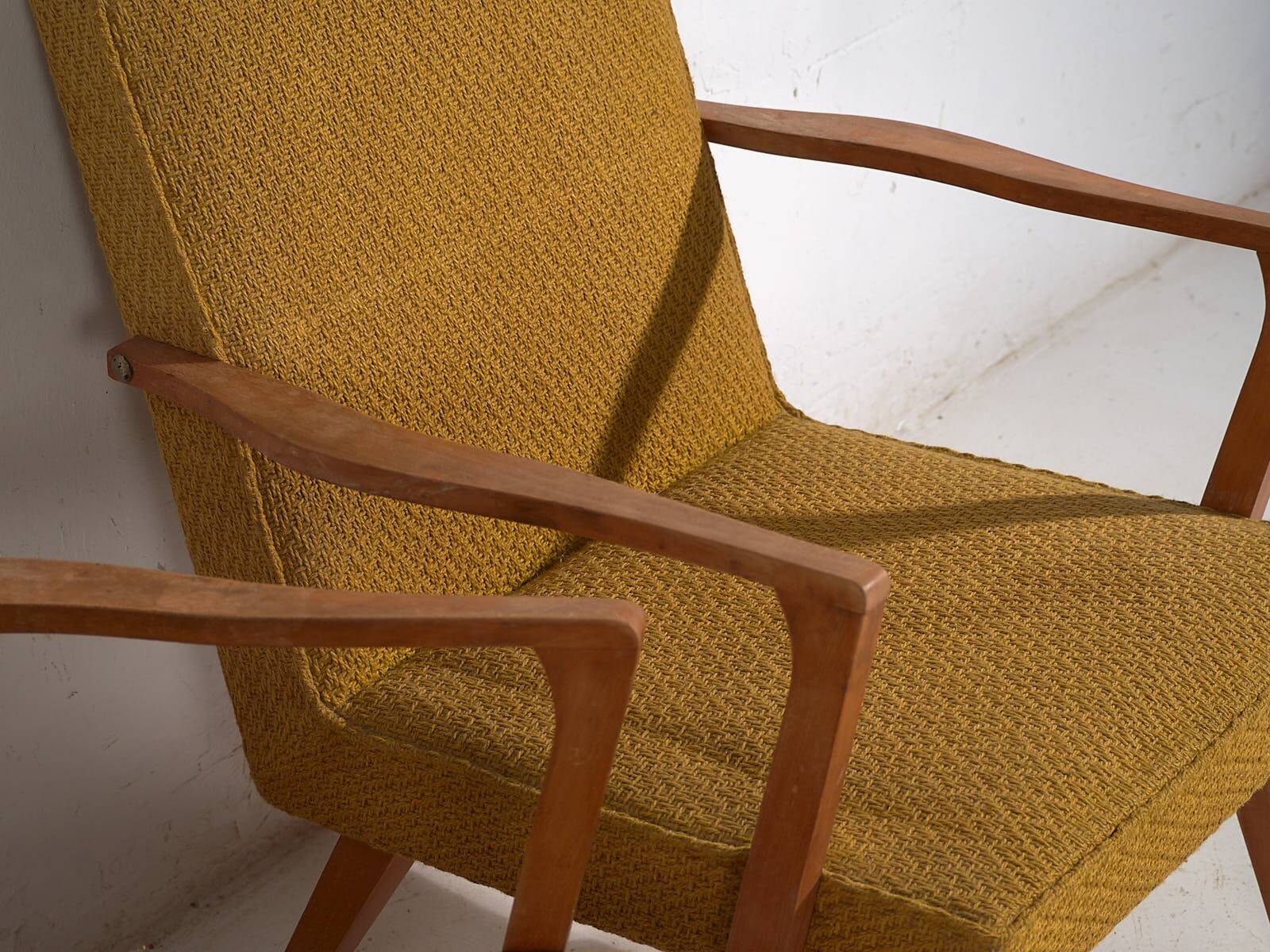 2 armchairs in wood and ochre fabric, 1950