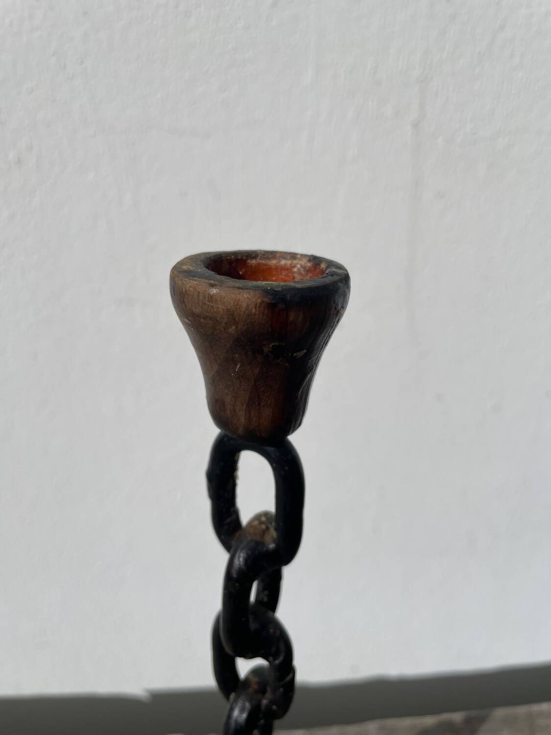 Brutalist wood and metal chain candle holder