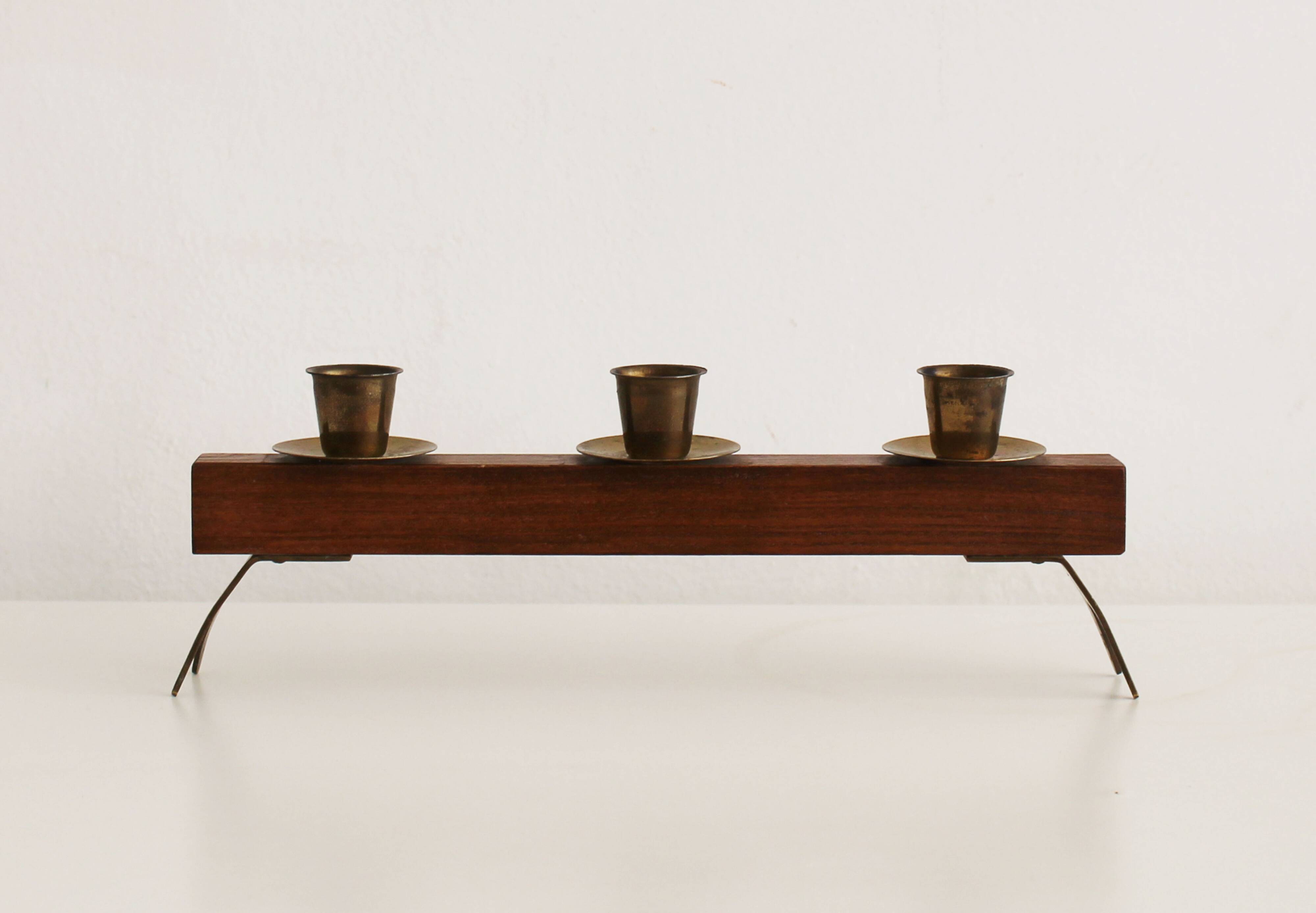 1960s Sculptural Wooden & Brass Candleholder