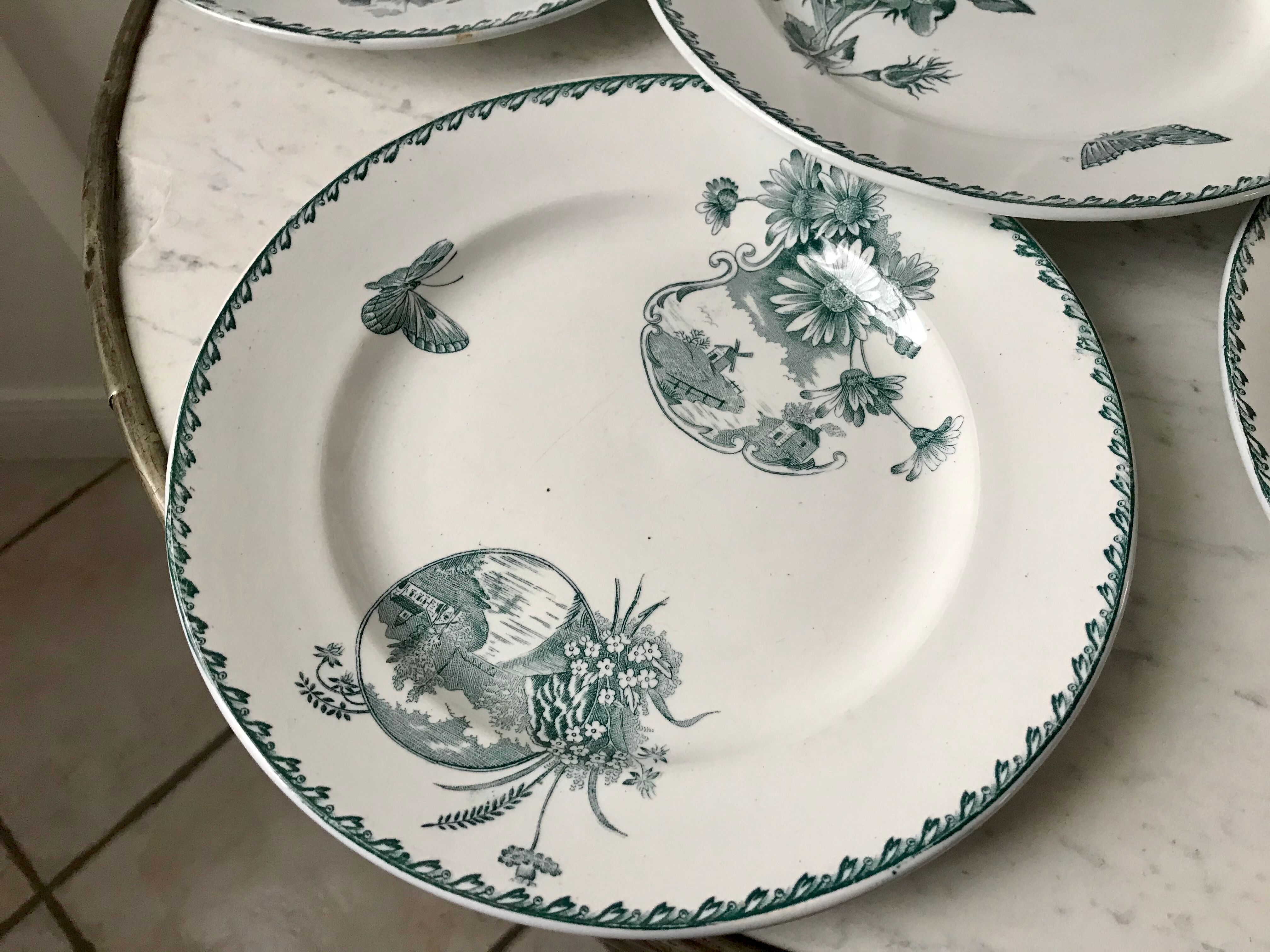 Set of 6 flat plates terre de fer saint-amand model "cartels" xixth