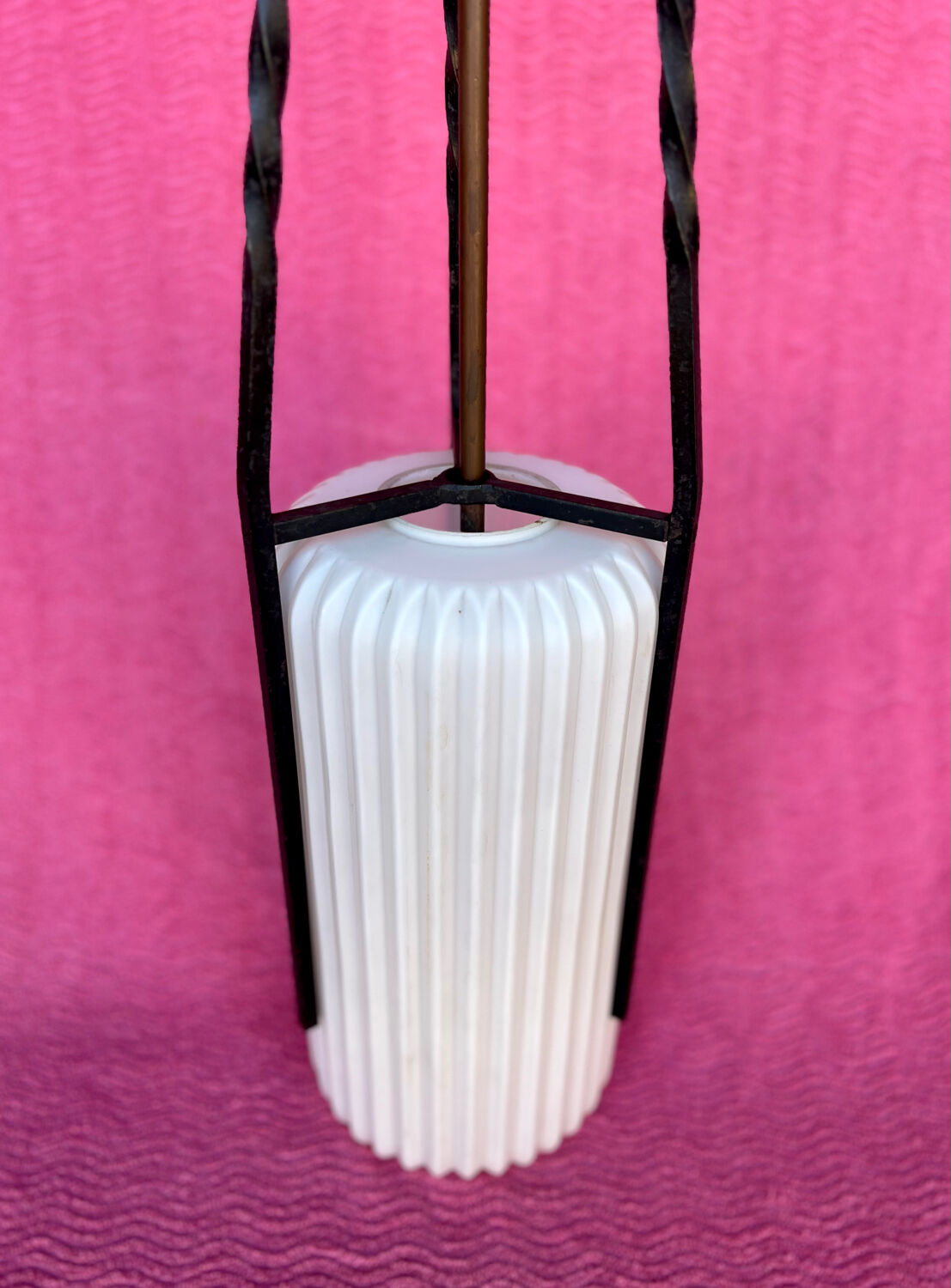 LAMP/IRON SUSPENSION FORGED OPAQUE WHITE GLASS CYLINDRICAL TUBE