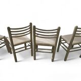5 x dining chairs / light grey wooden frame / leather seat / Germany 1970s / labeled "ideen für kuchen - innenarchitektur"