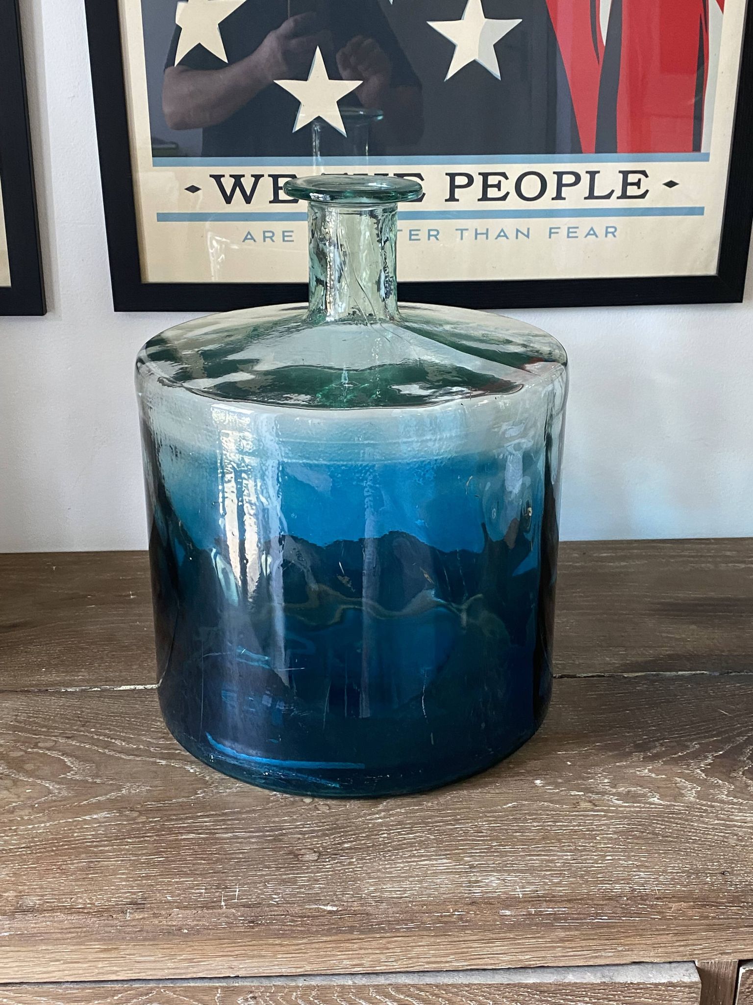 Large blue glass Dame Jeanne vase H45cm