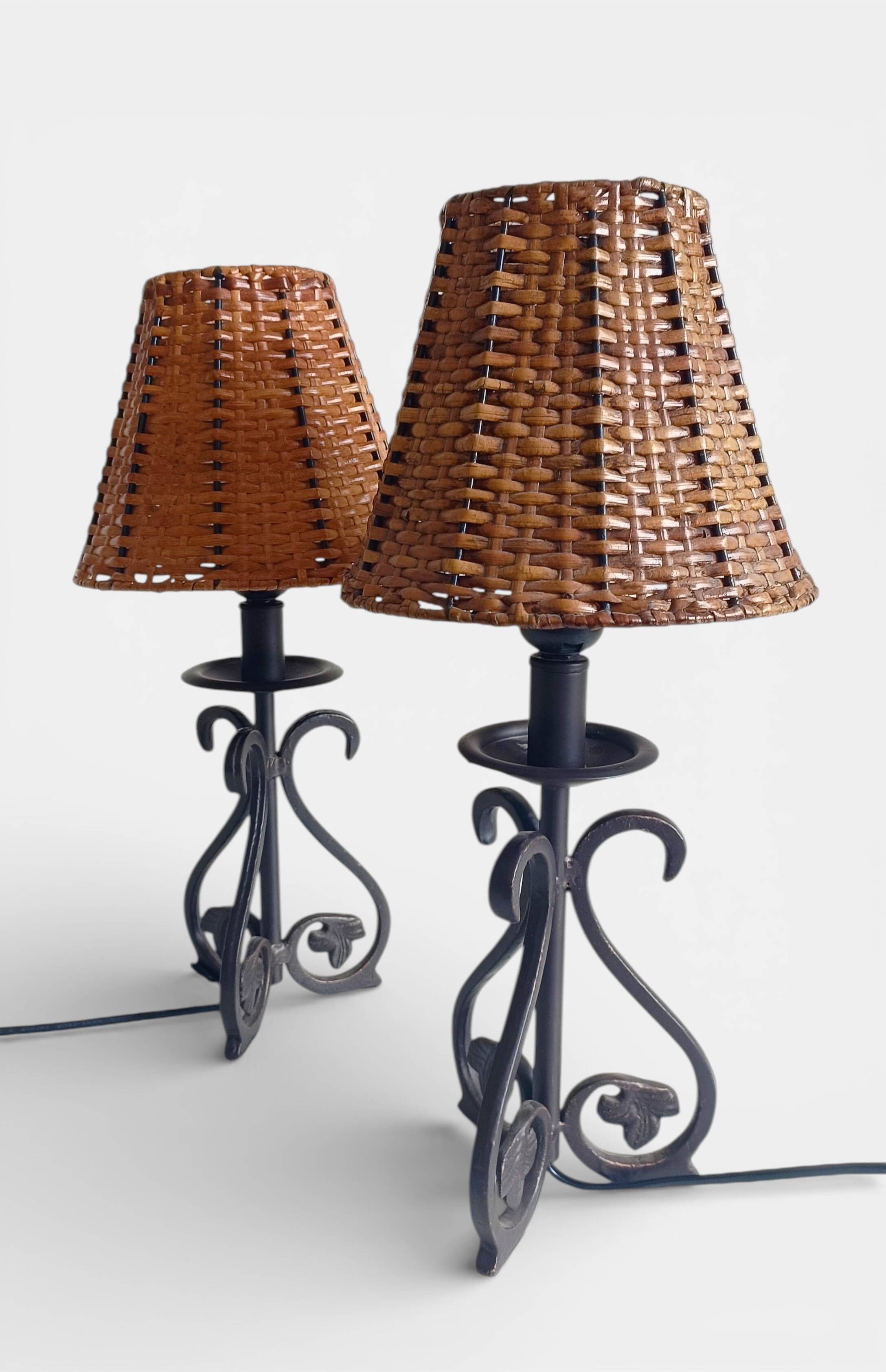 Spanish Hand Forged Wrought Iron Table Lamps with Hand Woven Wicker Shades