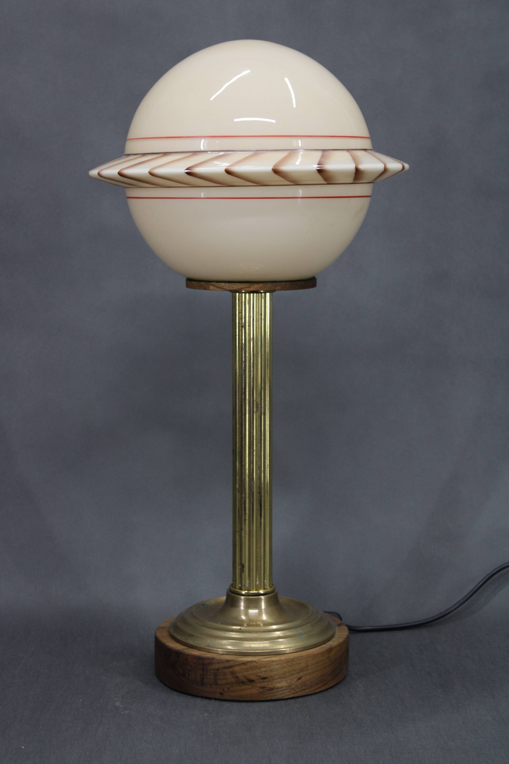 1940s Restored Brass Table Lamp with Wooden Base and Glass Shade