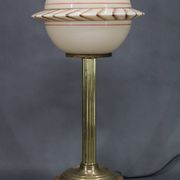 1940s Restored Brass Table Lamp with Wooden Base and Glass Shade