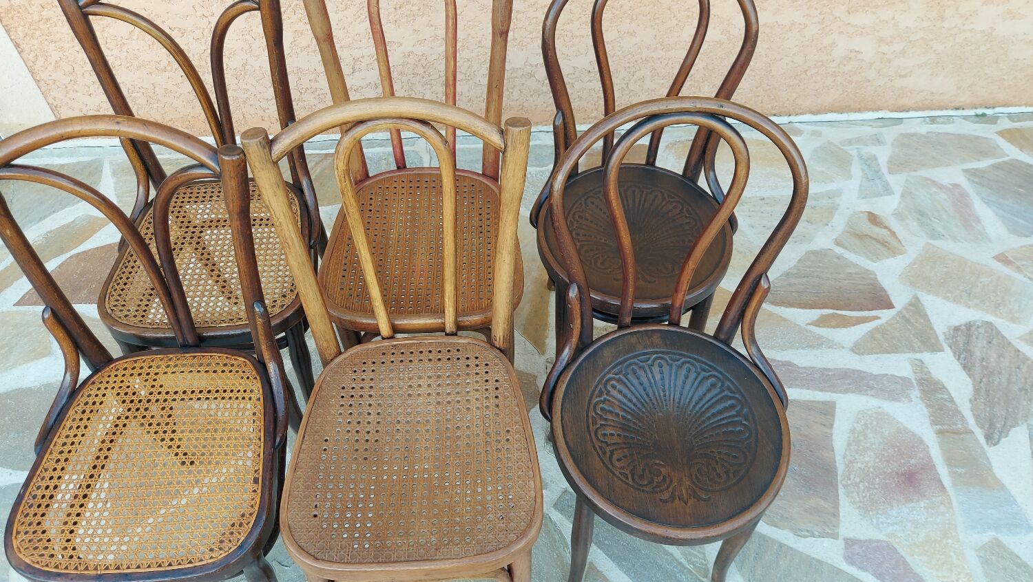 Suite of 6 mismatched bistro chairs Thonet and J&J kohn 1920