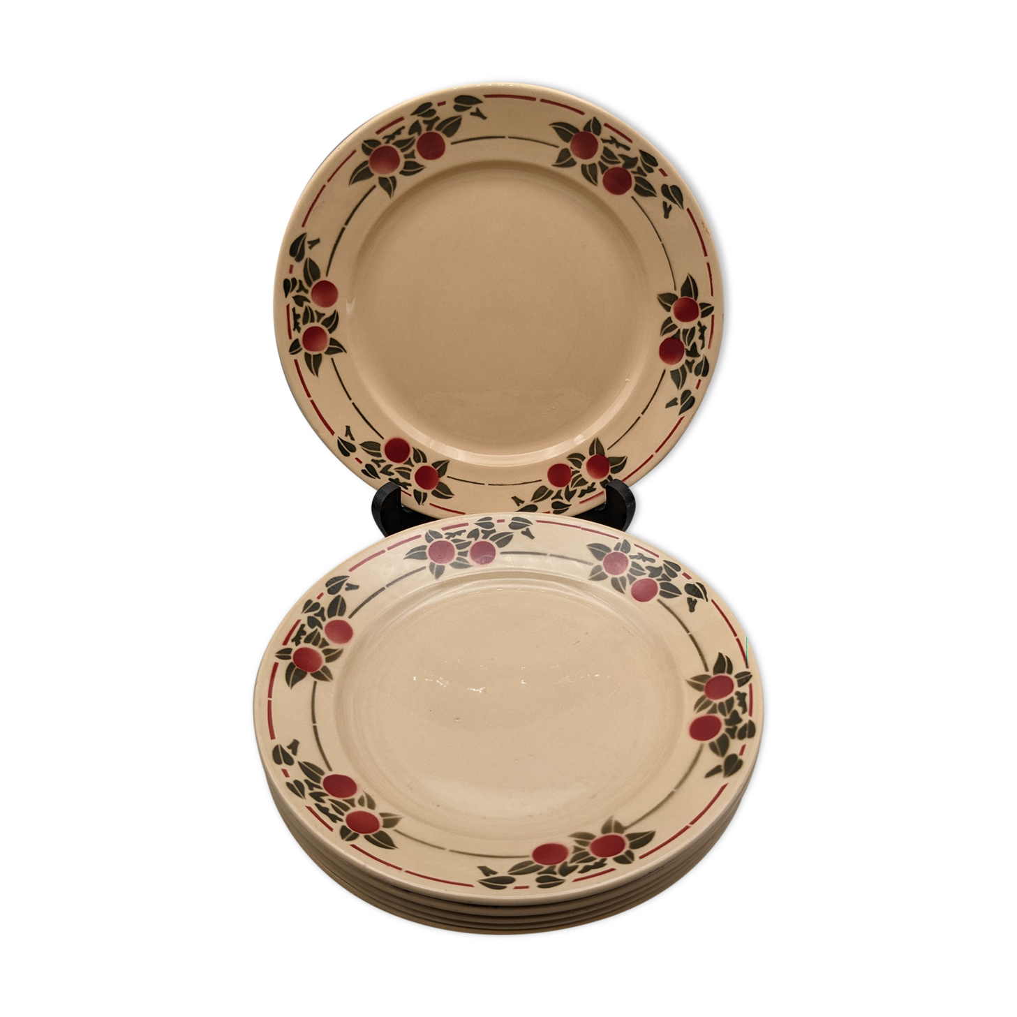 Series 6 flat plates vintage art deco earthenware beige cherry décor