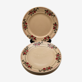 Série 6 assiettes plates vintage art deco faïence beige décor cerise