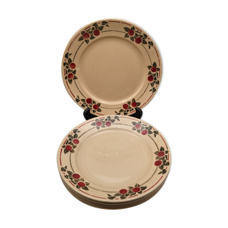 Série 6 assiettes plates vintage art deco faïence beige décor cerise