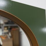 Unusual round wall mirror 60 cm teak edge on green rectangular board 1960.