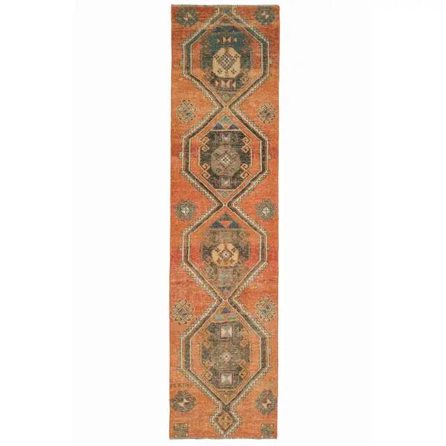 1970s vintage Turkish Oushak handmade wool cotton orange runner rug 80x320