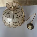 Large pendant lamp with mother-of-pearl and brass shade