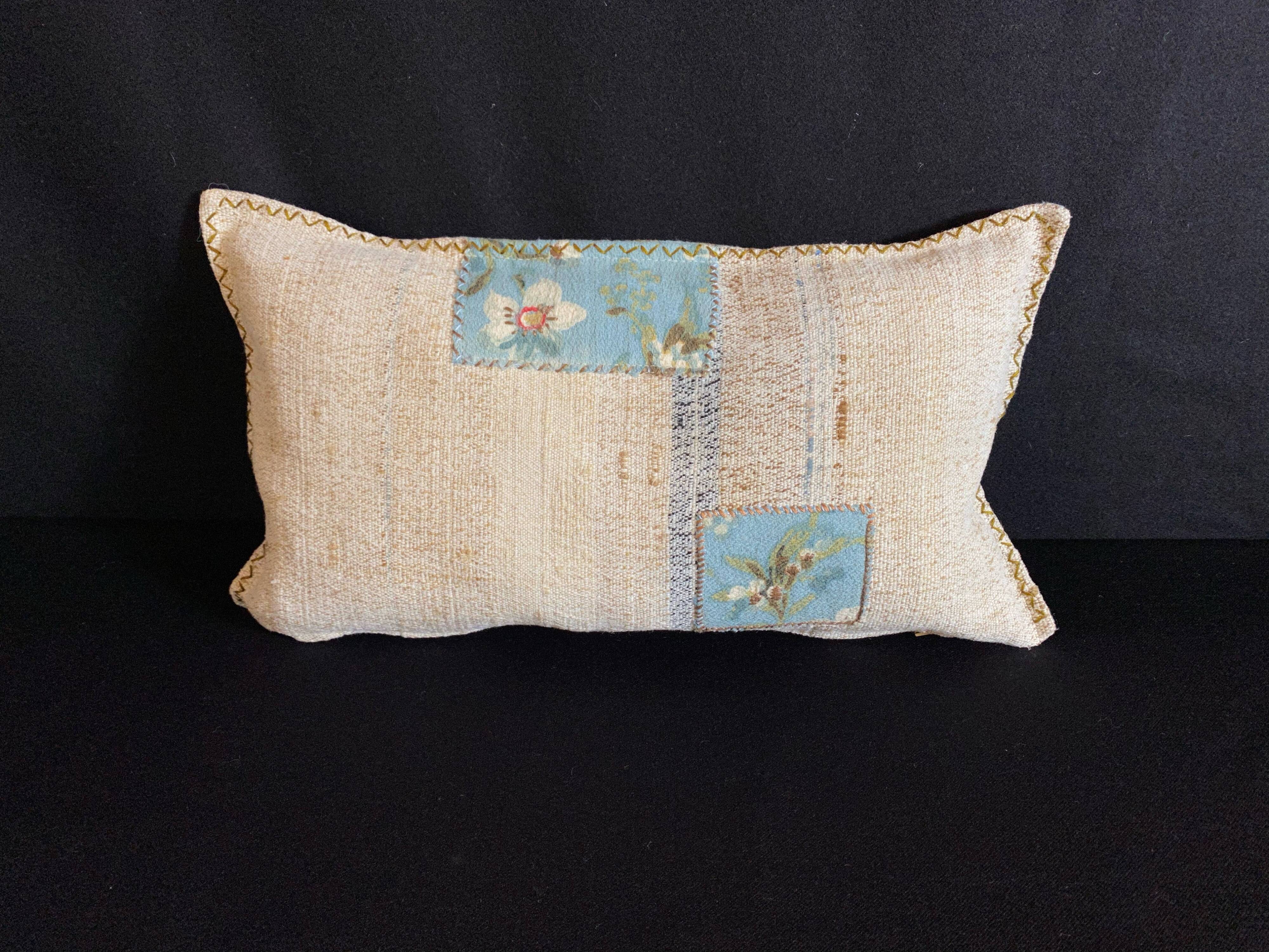 Pair of kilim-style antique canvas cushions woven, patched and hand-embroidered, and vintage fabric