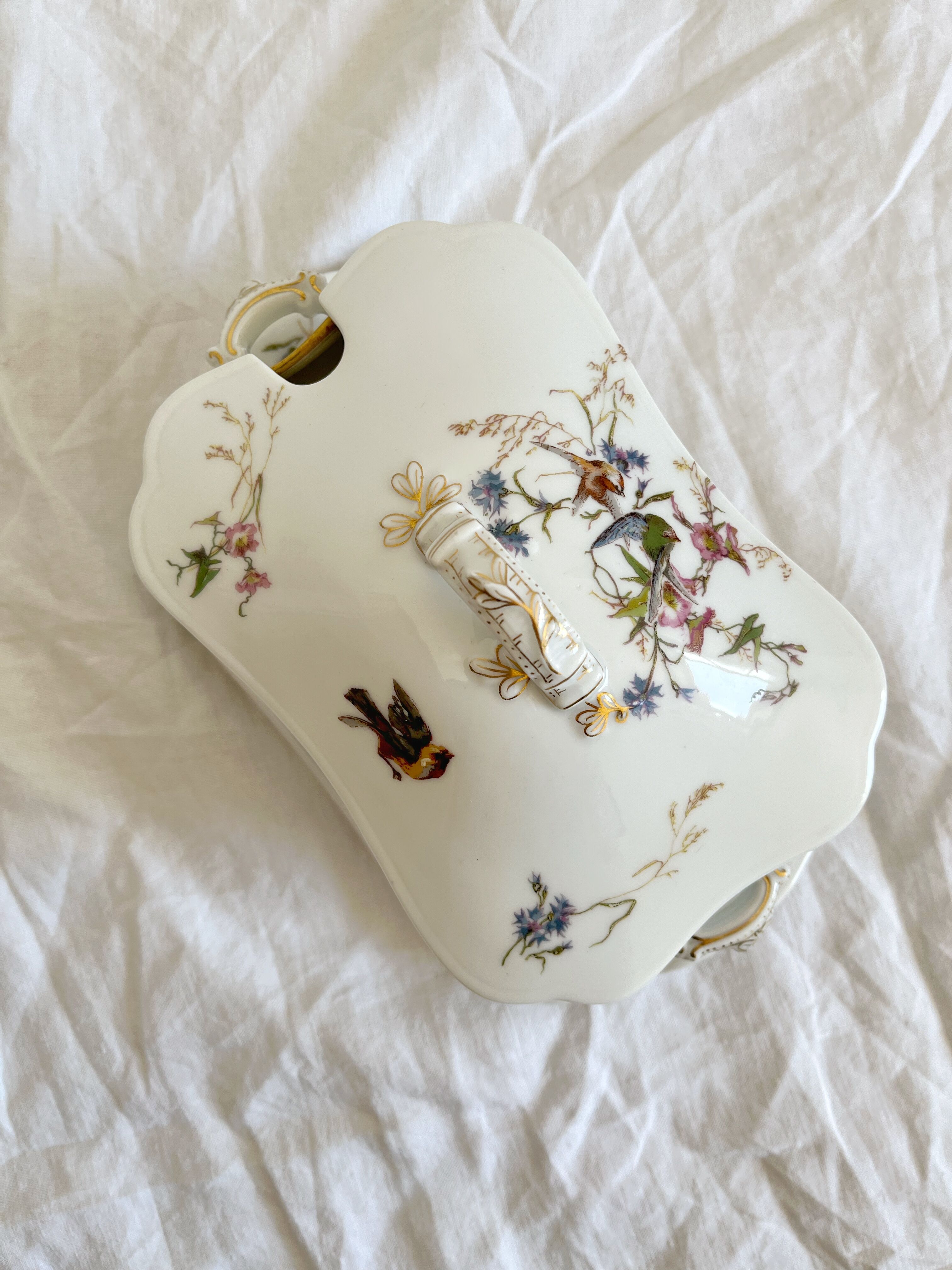 Antique Haviland Limoges porcelain sauce boat with lid, bird decor