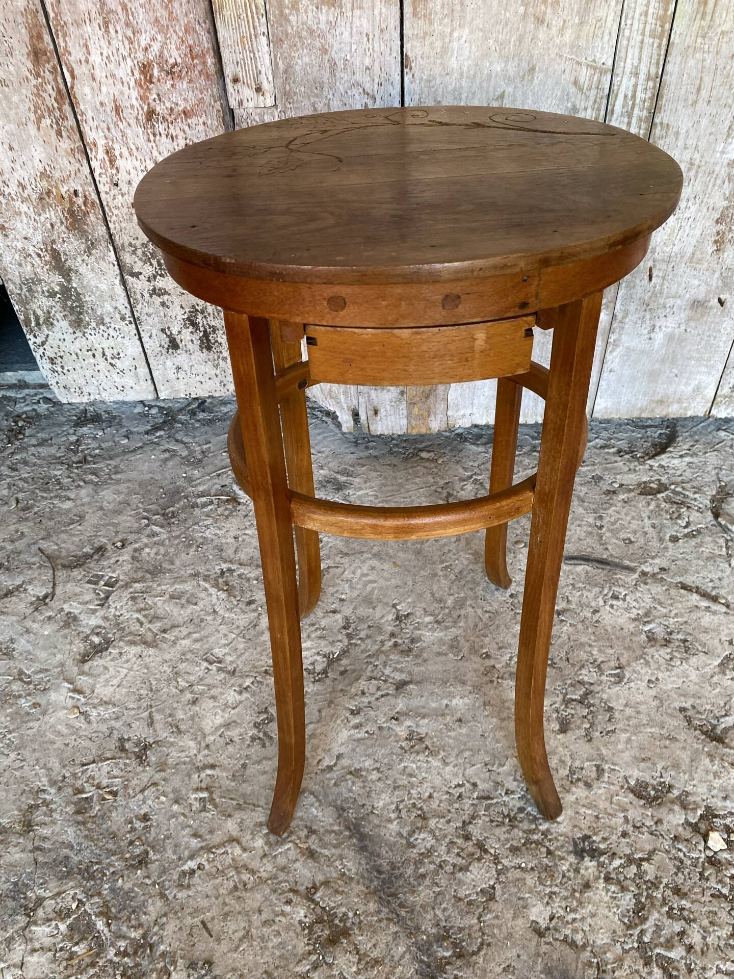 Antique Bedside Table Curved Wood THONET Style + Carved Drawer Wine