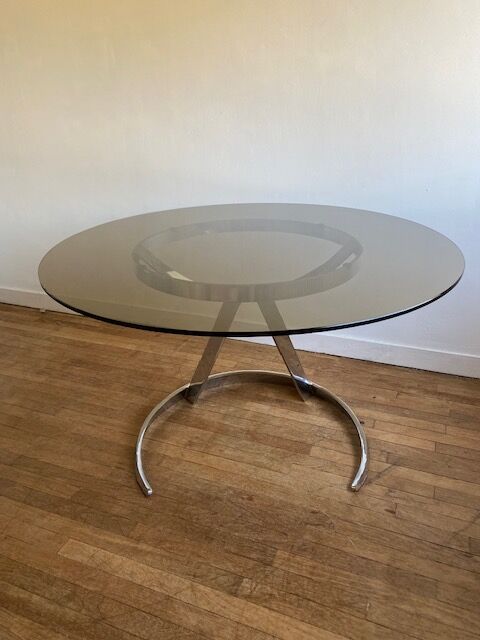 Round table vintage smoked glass 1970