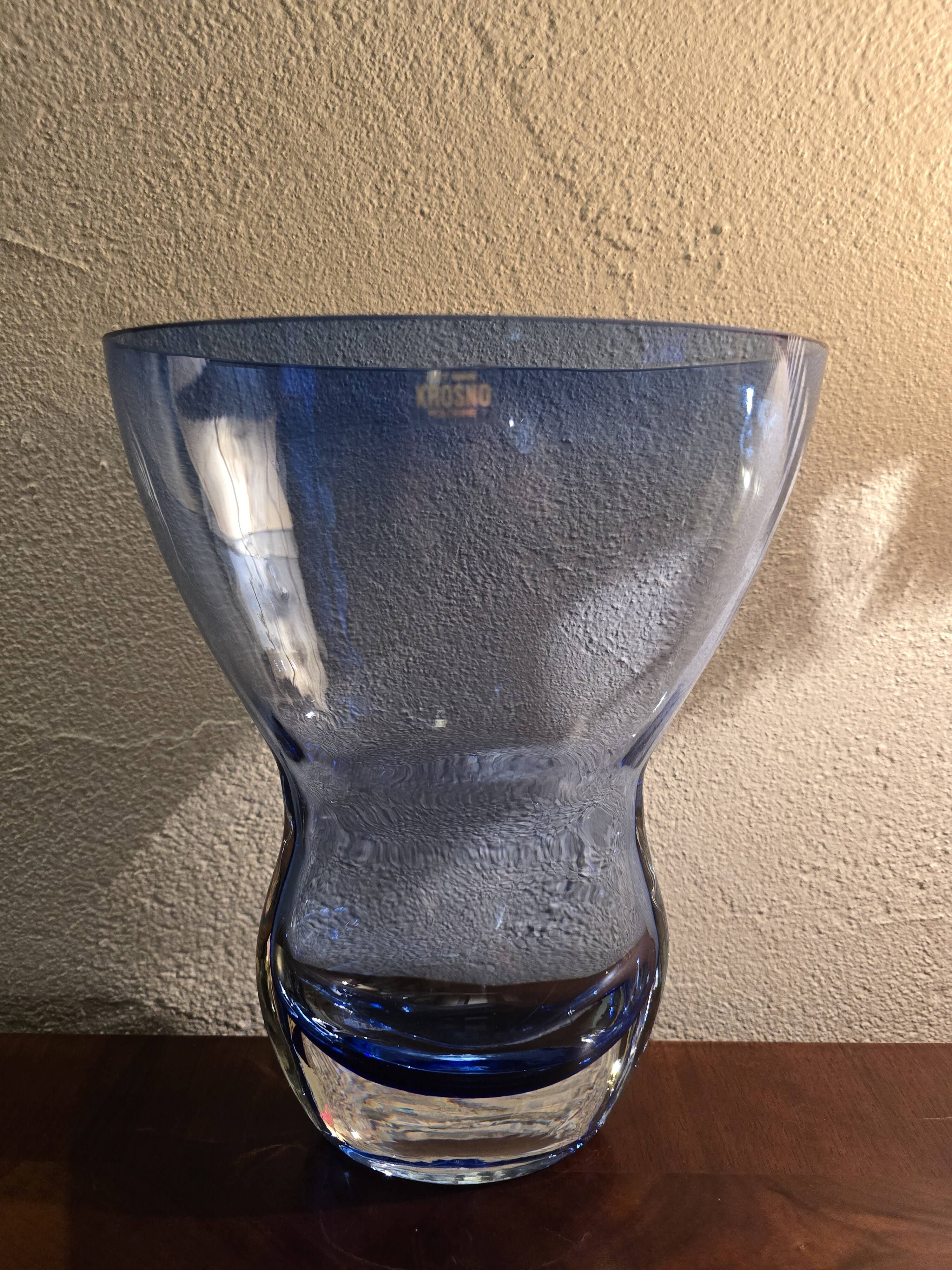 Large krosno vase from poland in blown blue glass, vintage variation.