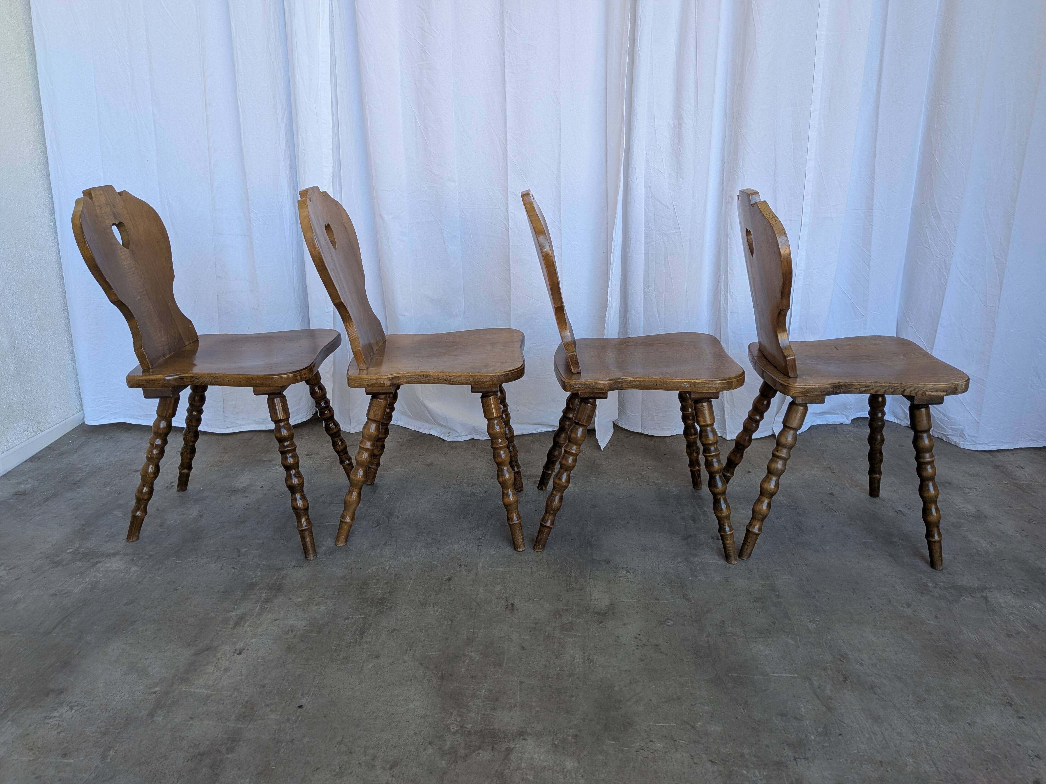 Set of 4 Vintage Tyrolean Heart Cutout Wooden Dining Chairs