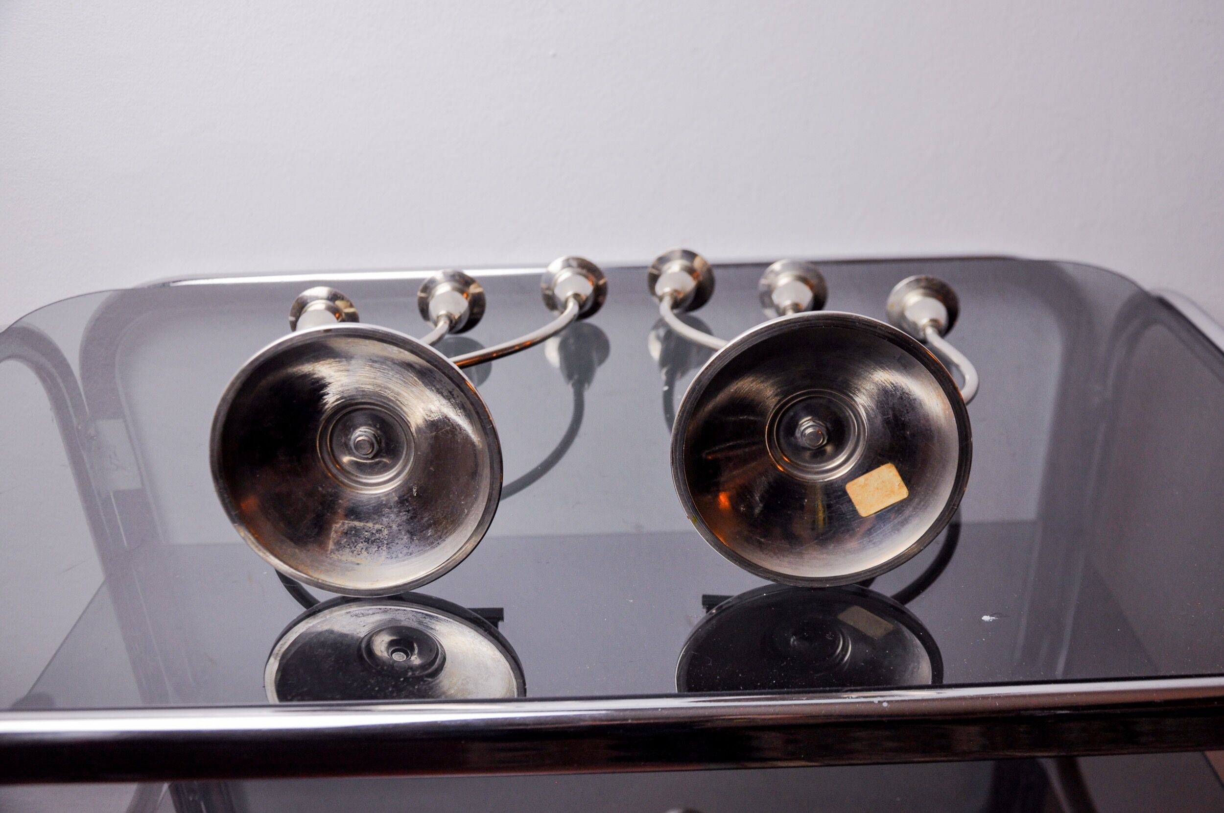 Pair of art deco candlesticks in stainless steel 3 flames, Spain, 1970