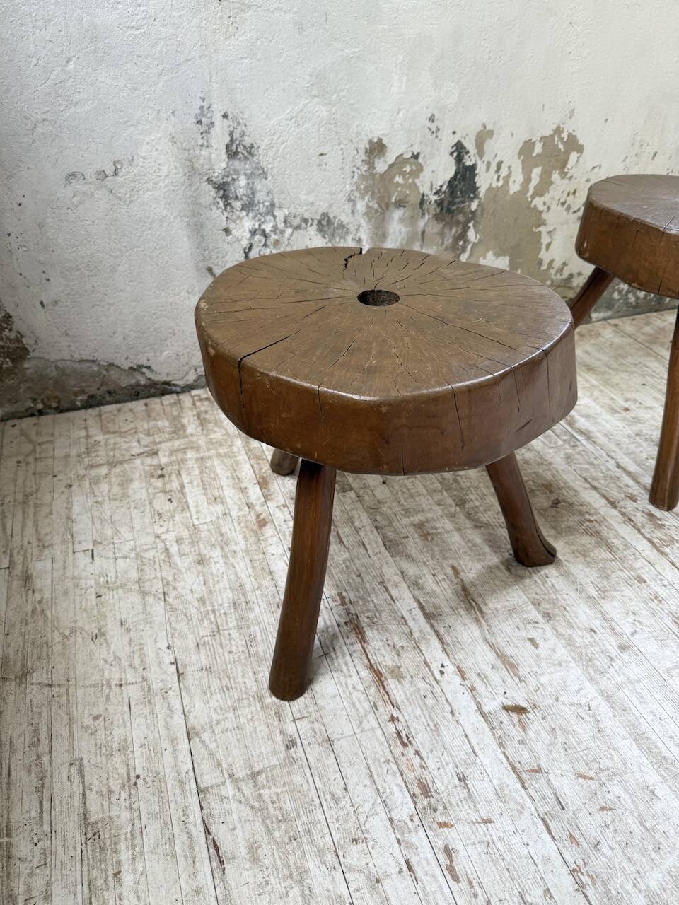 Pair of oak tripod shepherd's stools