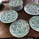 Set of 12 plates and an oyster dish or other in majolica.