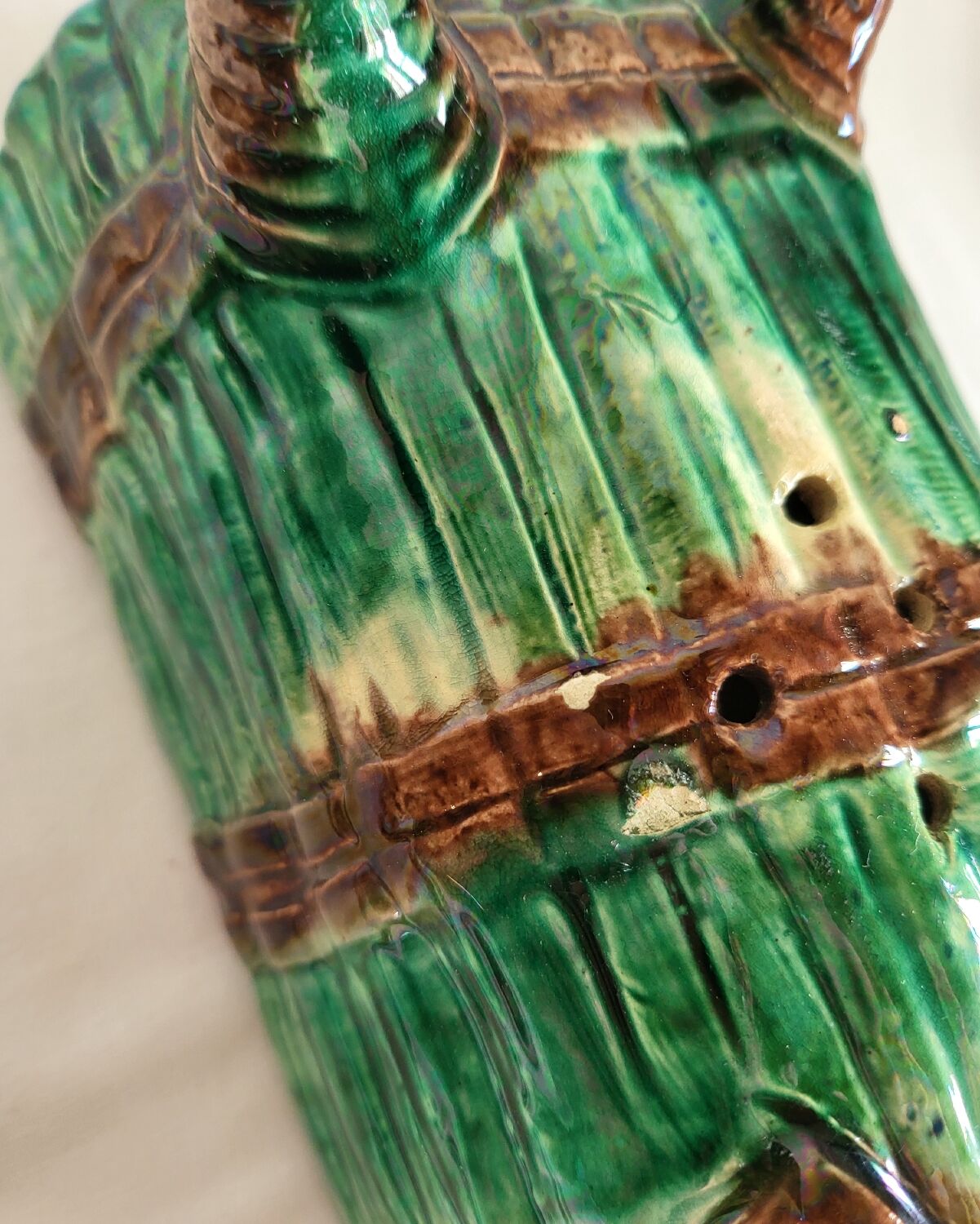 Dish and Asparagus Drainer in Green Barbotine Earthenware