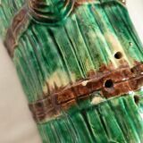 Dish and Asparagus Drainer in Green Barbotine Earthenware