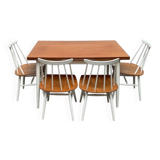 Teak mid-century table and Fanett chairs by Ilmari Tapiovaara for Asko, set of 5.