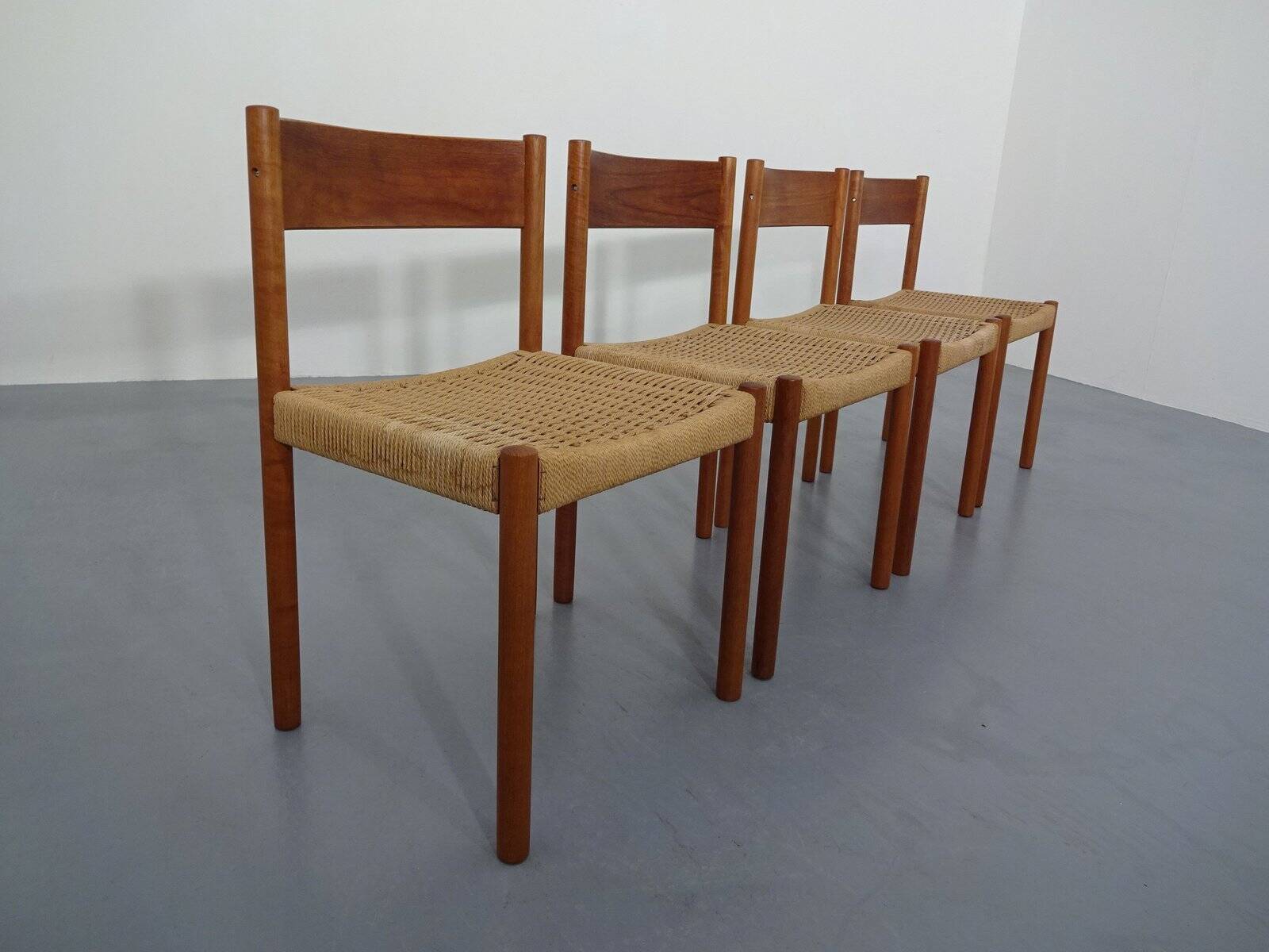 Teak & Papercord Dining Chairs by Poul M. Volther for Frem Røjle, Denmark, 1960s, Set of 4