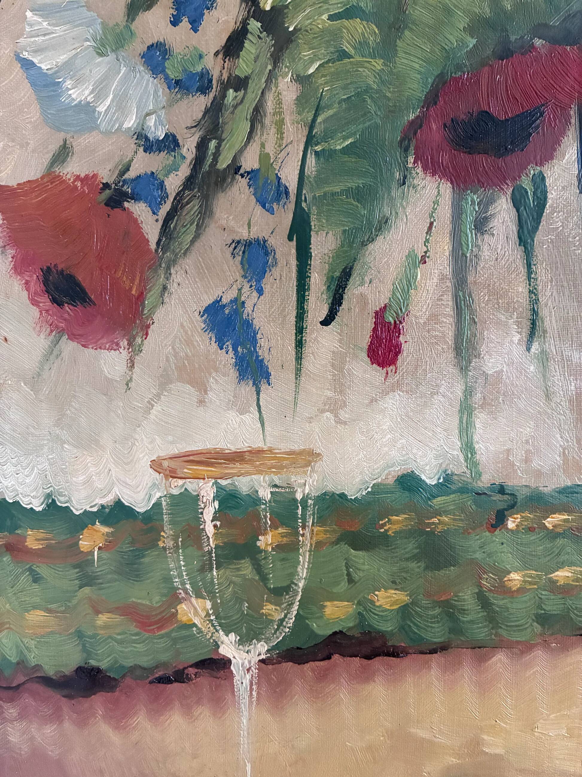 Vintage original floral oil painting with wildflowers in blue vase