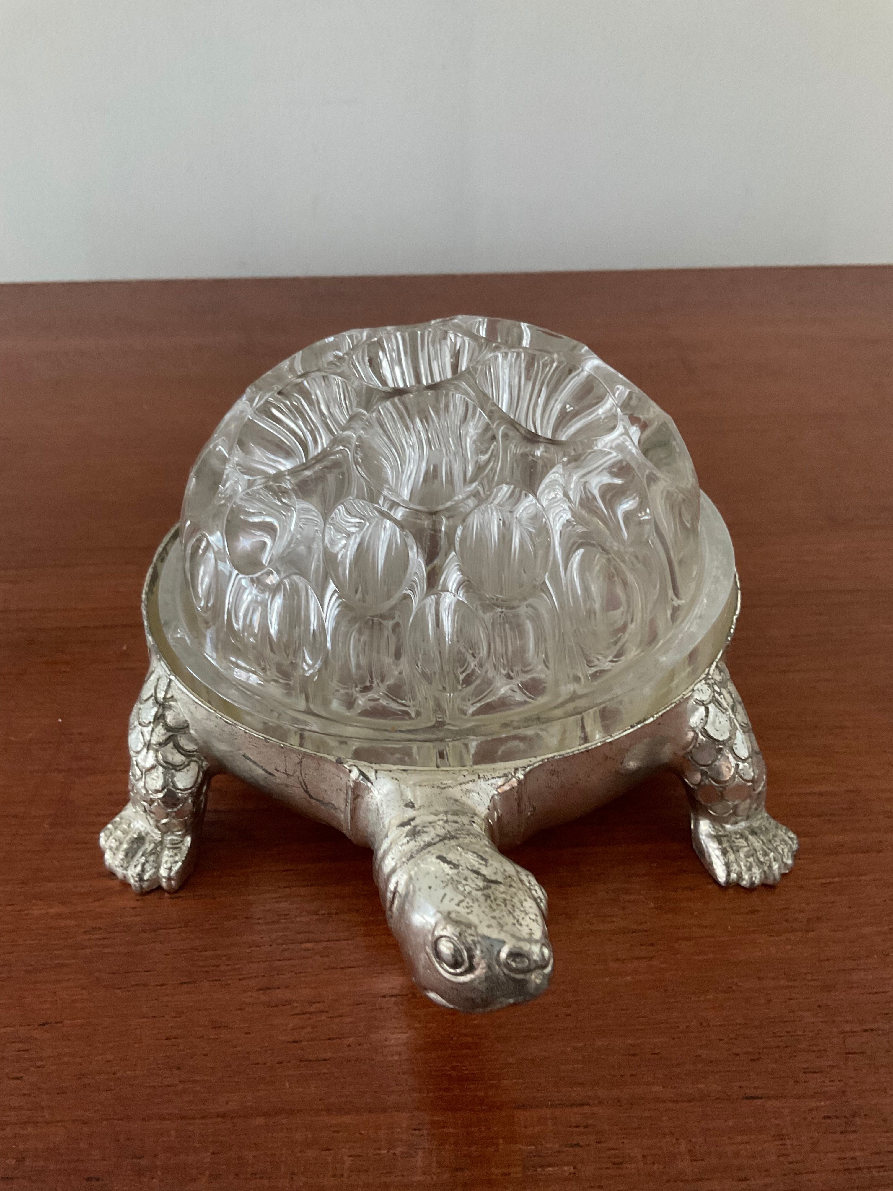 Vintage turtle flowerpeed in silver metal and glass From Reims