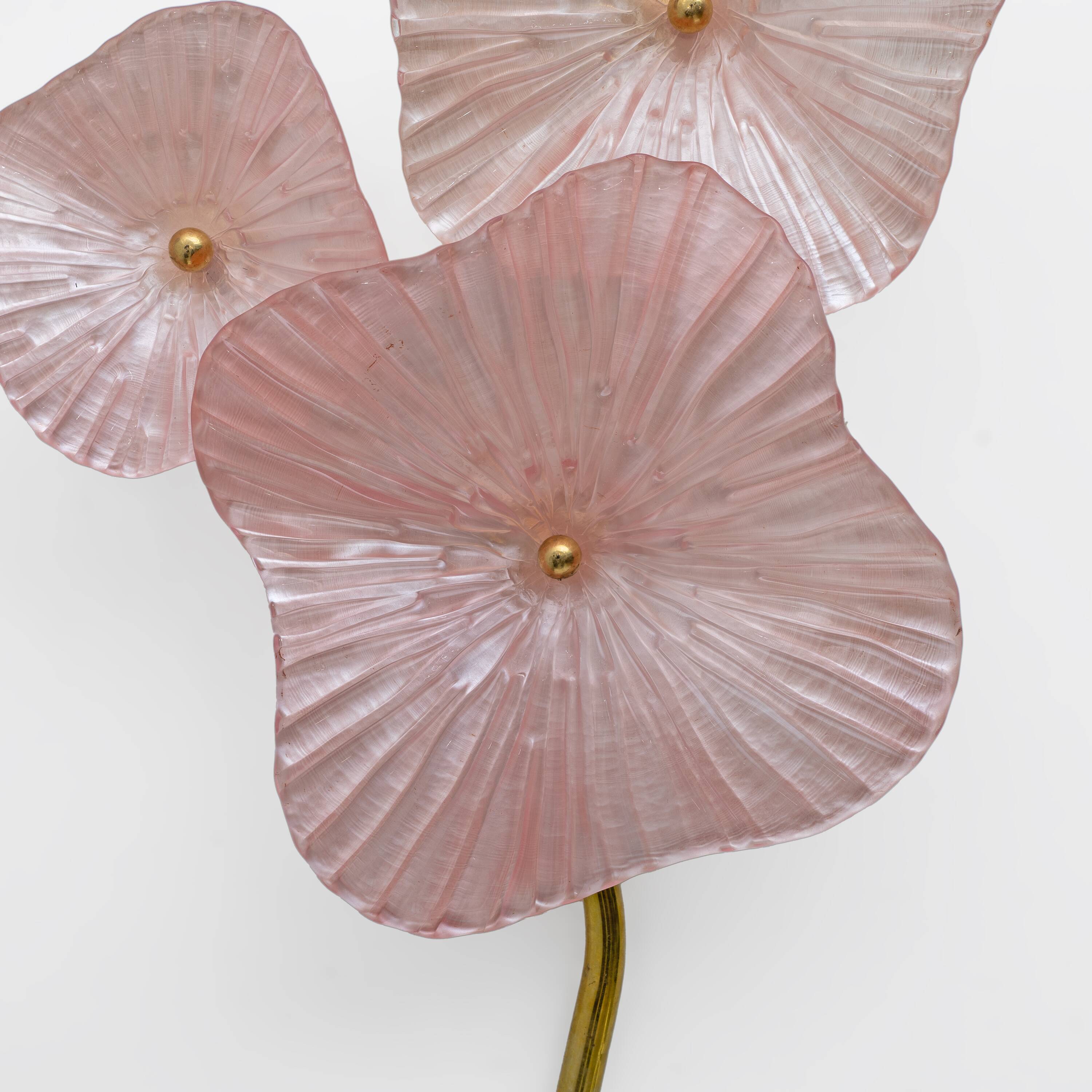 Pair of pearly pink Murano glass and brass wall lights
