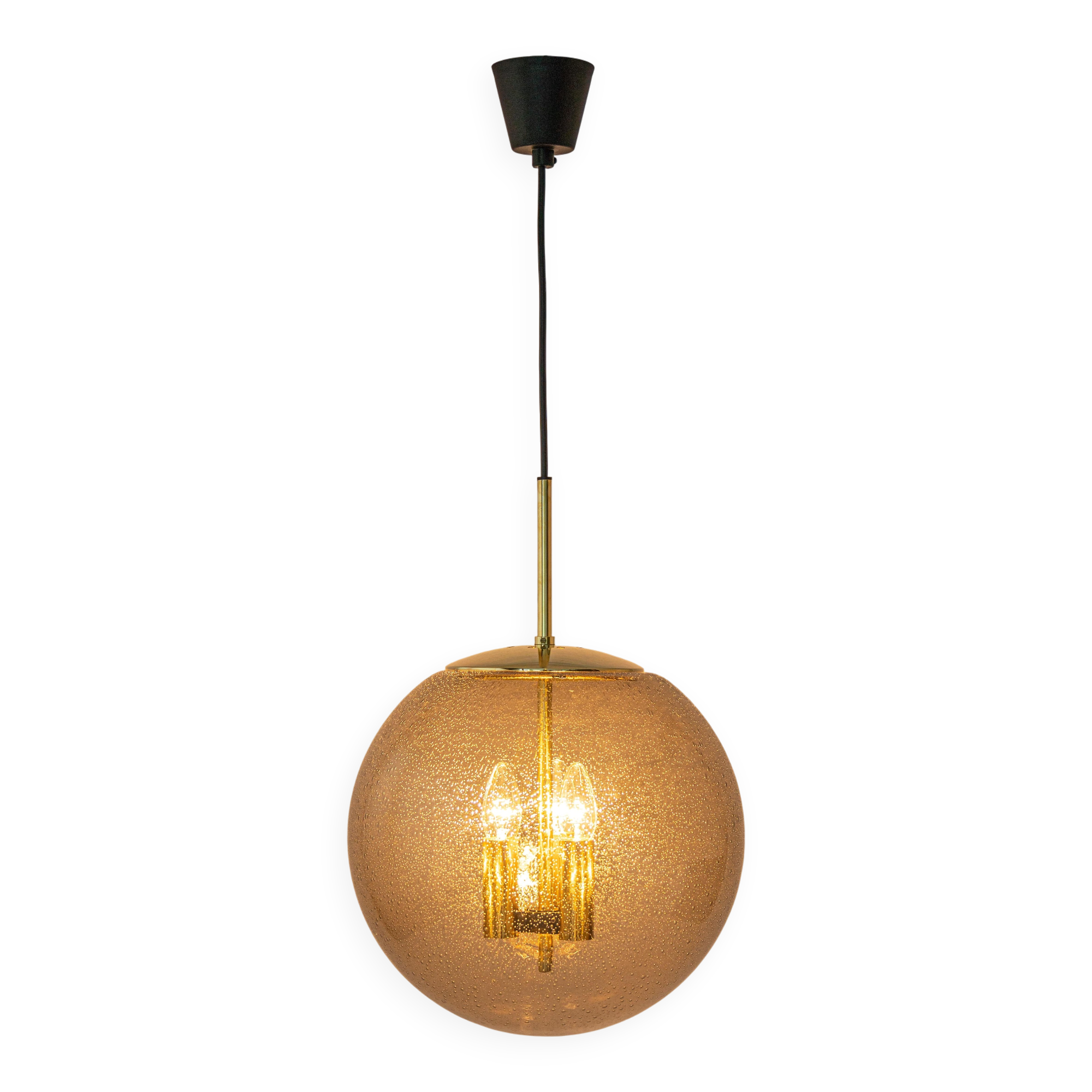 Large Limburg pendant light in brass with smoked glass ball, Germany, 1970s.