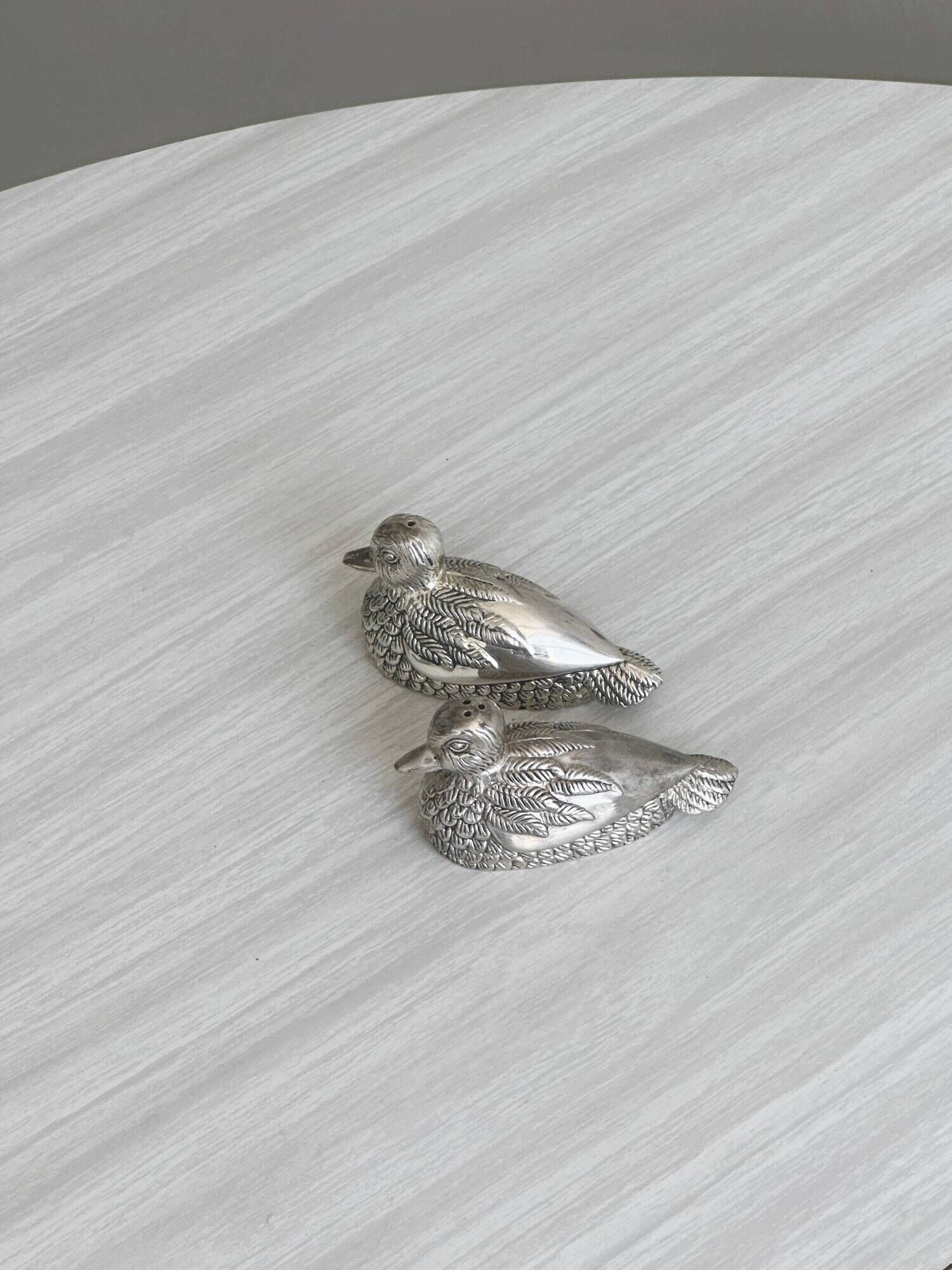 Silver plated duck shaped salt and pepper shakers