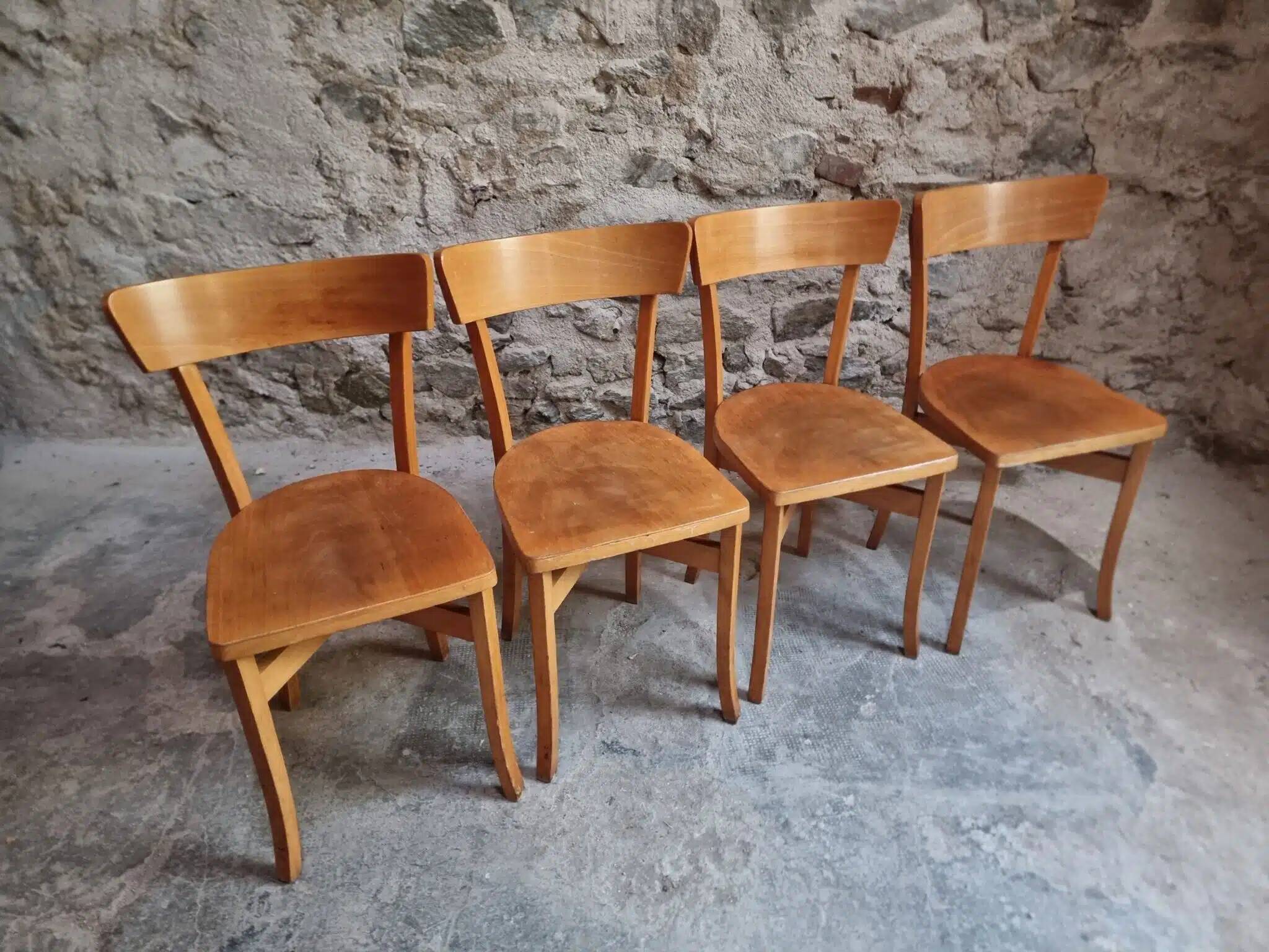Set of 4 French bistro chairs, beech and plywood, 1960s, mid-century dining chairs.