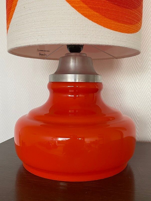 Orange opaline serpentine table lamp and vintage fabric