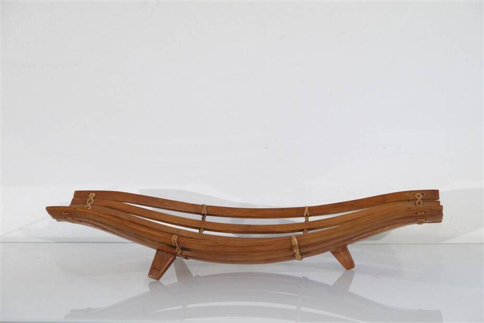 Vintage curved wood and rattan basket 1960