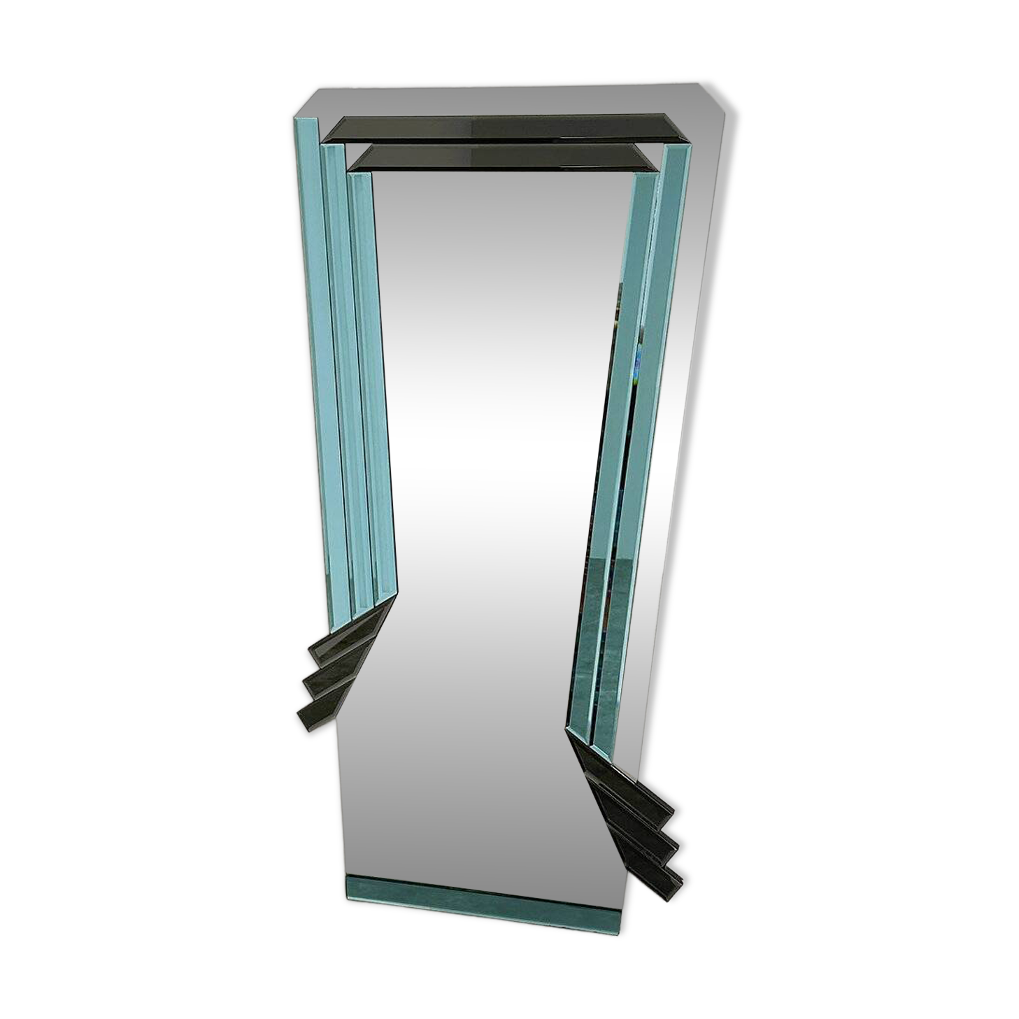 Postmodern geometric mirror with blue & dark gray smoked glass, 1980s