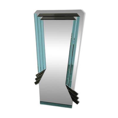 Miroir géométrique postmoderne avec verre fumé bleu et gris foncé, années 1980