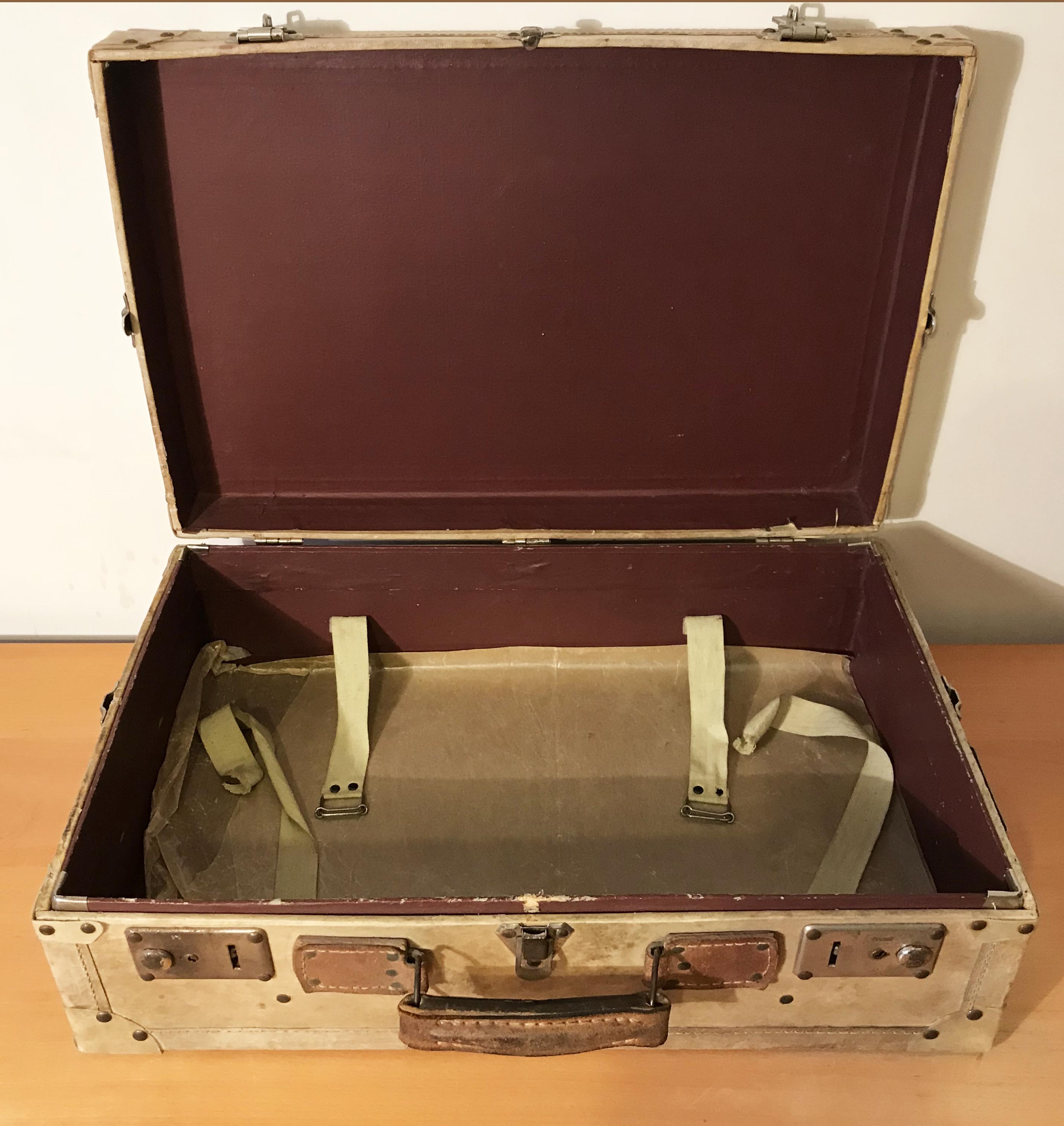 Vintage parchment beige and leather suitcase