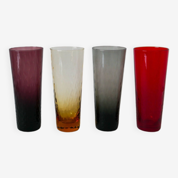 lot de 4 verres Long Drink colorés et texturés Design 1970