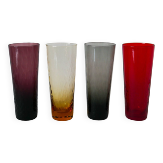 lot de 4 verres Long Drink colorés et texturés Design 1970
