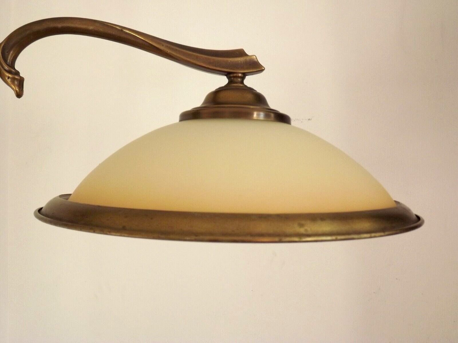 French Mid Century Bronze Billiard Light 2 Cream Amber Round Glass Shades 3921