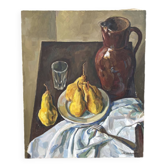 Nature morte aux poires et au pichet signé r.legrand années 50, peinture à l'huile sur toile vintage