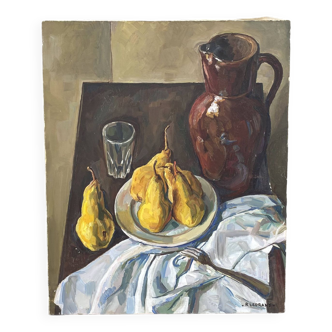 Still life with pears and pitcher signed r.legrand 1950s, oil painting on vintage canvas