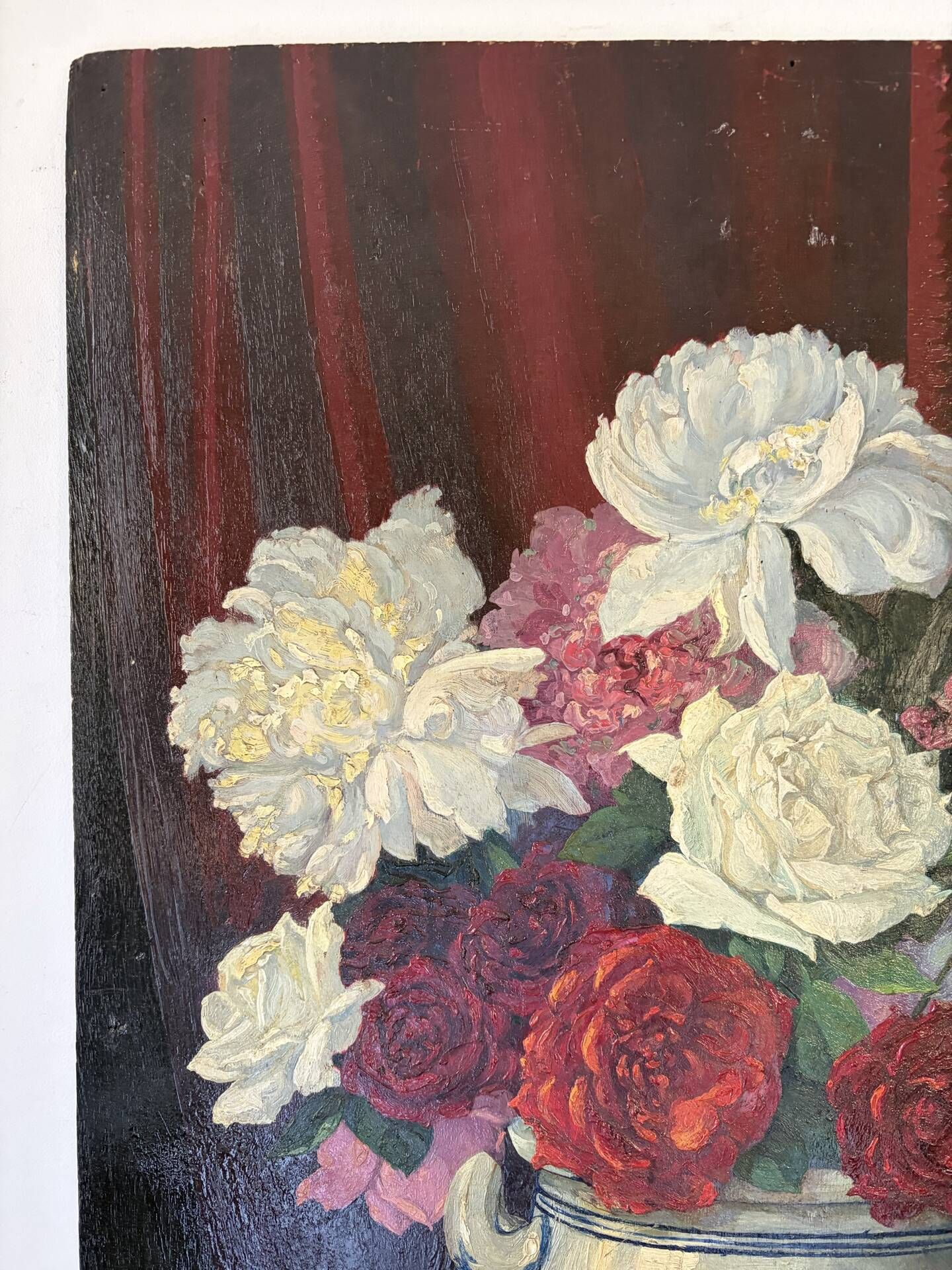Bouquet of roses, burgundy background, oil on panel 1951