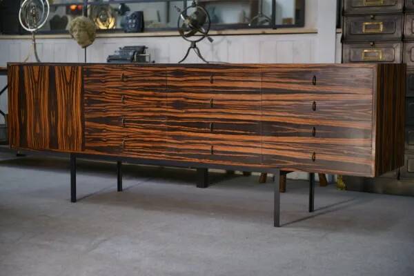 Designer sideboard in Gabonese ebony, 1 door, 12 drawers, 1960s